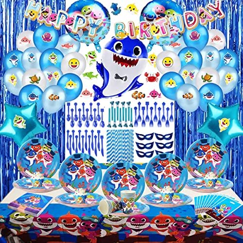 Decorações de festas de aniversário de tubarão azul, 224 PCs Party Supplies Stuft for Kids com tema de oceano Kit, incluindo Banner, Cake Topper, balões, adesivos, pratos de 7 polegadas, toalha de mesa, cupcake de tubarão e muito mais para 2-9º meninos e meninas