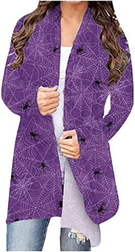 Camisolas para mulheres Halloween Cat Pumpkin Impresso Open Front Knit Cardigan Outwear Manga Longa Fit Cardigans Elegantes