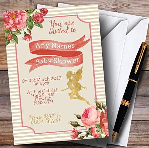 Convites de fadas de ouro rosa floral listrado convites para chá de bebê