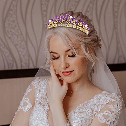 Purple Rose Tiaras Bridal Wedding Queen coroas de flores douradas Barroca de princesas Pérolas Cristal Bandas de cabeça de