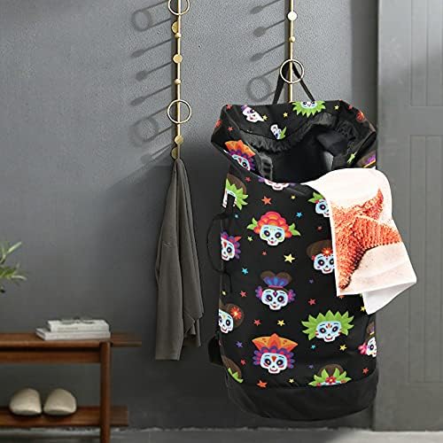 Skull Spider Cobweb Saco de lavanderia pesada mochila de lavanderia com tiras de ombro e alças bolsa de roupa de viagem