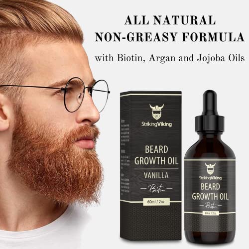 Óleo de crescimento de barba Viking com biotina - espessamento e condicionamento de óleo de barba - todo o soro de crescimento natural da barba promove o crescimento do cabelo facial para homens, baunilha