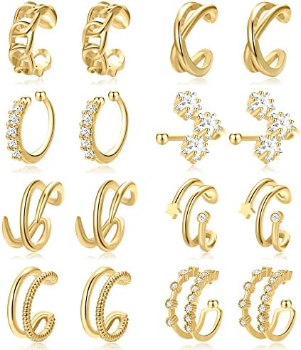 8 pares, punhos de orelha de ouro brincos para mulheres não piercing, 14k Real Gold Bated Ajustável Clipe falso em brincos