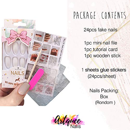 ArtQuee 24pcs francês nude rosa ombre bailarina longa caixão de diamantes coloridos brilhantes unhas falsas pressione na unha dicas falsas manicure para mulheres e meninas