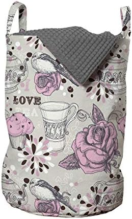 Bolsa de lavanderia de Tea Party de Ambesonne, xícara de chá ornamentada e maconha com ROMADOS ROSES BAYS BAYS DIA DO DIA