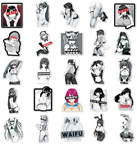 50 PCs Adesivos de adesivos de anime Waifu de anime preto e branco, pacote de adesivos de anime Waifu, pacote de adesivos para