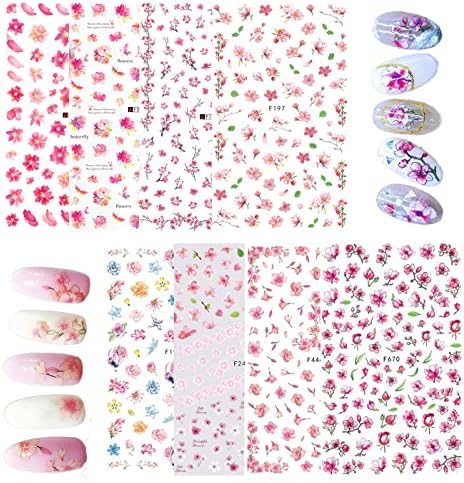 S Snuoy Nail Art Flowers adesivos Decalques, decalques de unhas auto-adesivas coloridas de pêssego Blossom Plum