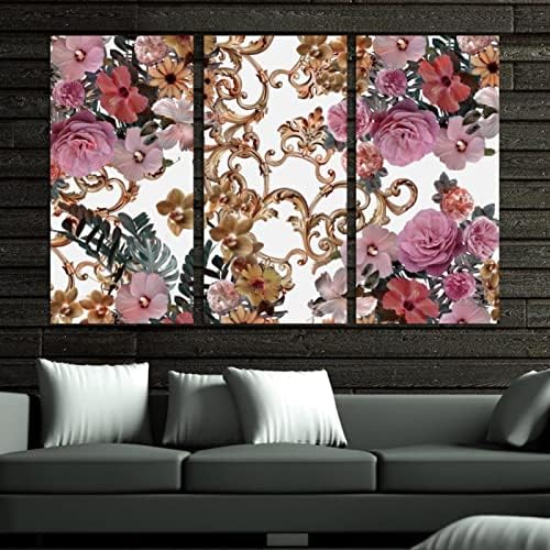 Arte de parede para sala de estar, pintura a óleo sobre lona grande flores emolduradas e obras de arte de padrão barroco dourado para decoração de quarto de casa 24 x48