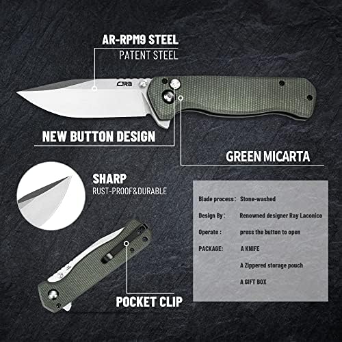 Calhas de talheres cjrb Faca de canivete dobrável Butter Buttle Buttle Buttleman Faca com lâmina de aço AR-RPM9 e alça de micarta verde, carry externo dobrável para homens presentes