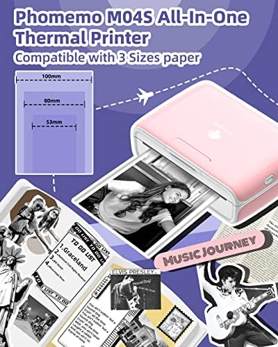 Phomemo M04S Impressora portátil- Impressora de adesivo térmico sem tinta Bluetooth com 3 rolos de papel térmico auto-adesivo transparente, preto em papel transparente, 3 rolos, 50 mm x 3,5m, diâmetro 30mm