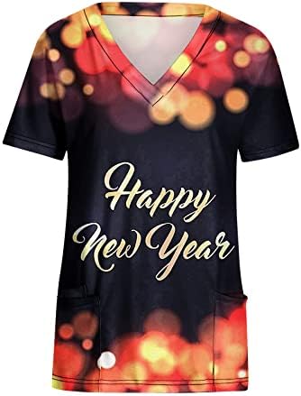 Ano Novo Scrub Tops for Women Holiday Workwear 2023 Scrub camisetas de manga curta v pescoço brilhante Tops com bolsos