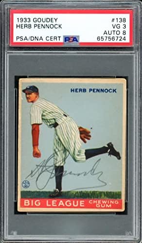 Herb Pennock autografou 1933 Goudey Rookie Card 138 New York Yankees PSA 3 Grade automática perto de Mint/Mint 8 Segundo