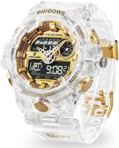 Pinídeo Homens, relógios de esporte digital de homens relógios de ouro transparentes relógios à prova d'água com 3 alarmes/contagem