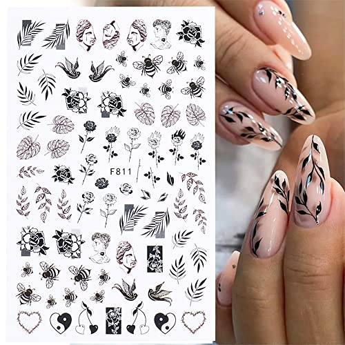 Adesivos de arte da unha de flor, 5 folhas 3D auto-adesivo preto branco retrô retro Folha de videira French Nail Art adesivos para mulheres meninas…