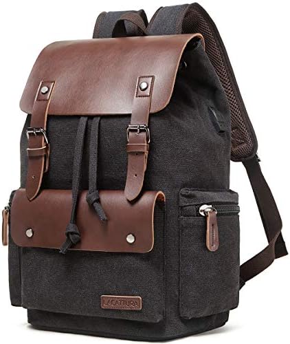 Mochila de couro vintage de Lacatura para homens e mulheres, mochila laptop de lona de jeans