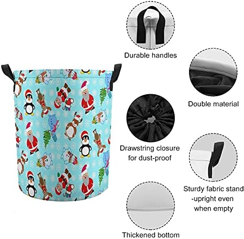 Christmas Snowman Elk Round Round Sacos de lavanderia cesta de armazenamento de cesto à prova d'água com alças e tampa de fechamento de cordão
