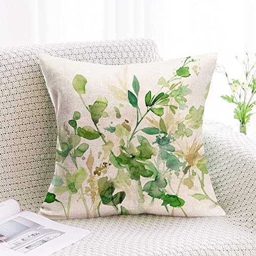Capas de travesseiro de folhas de plantas verdes de 20x20 polegadas de linho de algodão aquarela eucalipto folhas de travesseiro