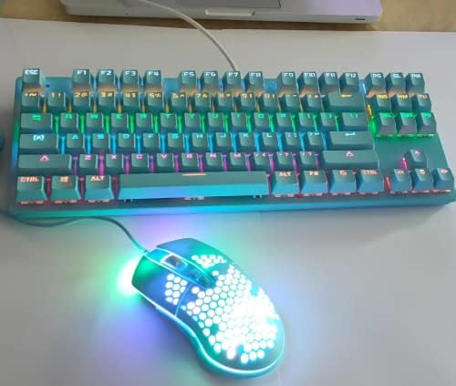 Teclado de jogo com fio e define 87 teclas de teclado mecânico iluminado pelo arco -íris, RGB Backlit 6400 DPI Mouse de jogos leves,