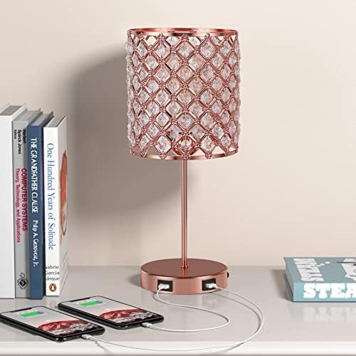 Lâmpada de mesa de cristal de touch hong -in - lâmpada de cristal de ouro rosa com portas de carregamento USB duplo, lâmpada de