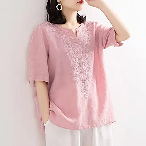 Camisetas para mulheres algodão de manga comprida Blusa de manga curta Bordada Bordada sólida Blusa feminina básica sob