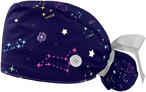 2 Pacote de tampas de trabalho com banda de suor para mulheres, a mão desenhada colorida Zodiac Ponytail bolsa Bolsa Bouffant Hat