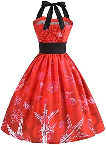 Vestidos de balanço vintage da década de 1950, vestidos de festas de impressão de natal, vestidos de festa de festa halter slim fit A-line Dress