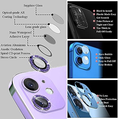 Jolojo Bling Camera Lens Protector Compatível para iPhone 12/12 mini/11 Ultra Thin/Clear Tampa Completa Metal Ring Anel Anti -arranhão Protetor de tela de vidro temperado - Diamante roxo