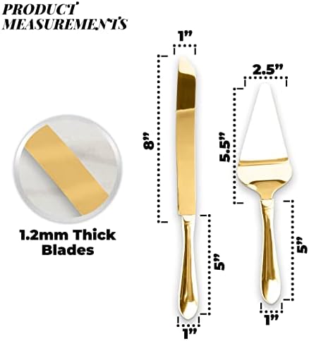 Conjunto de porção de bolo de aço inoxidável dourado - faca de bolo e servidor - servir de bolo com lâmina serrilhada para facilitar