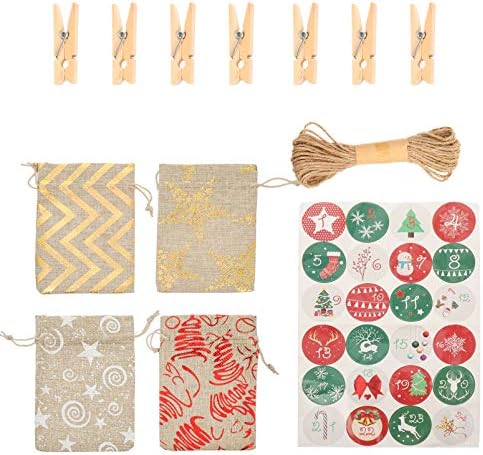 Cabilock 1 Conjunto de bolsas de calendário de advento de Natal 24 dias Countnawr Calendário Diy Christmas Candy Bags Ornament With Clips Stickers 10m de corda para decorações de férias