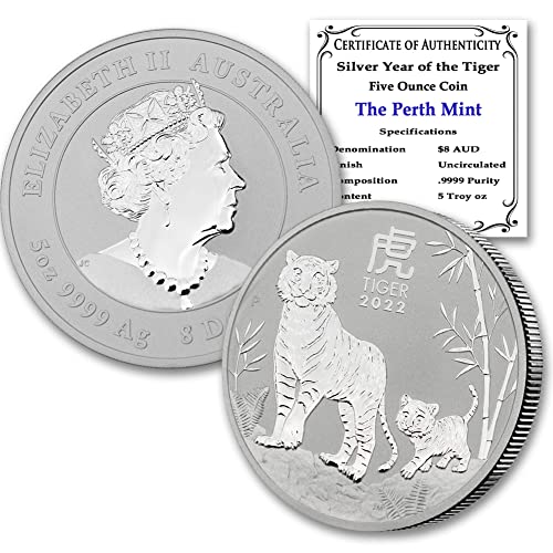 2022 p 5 oz Ano de prata australiano da moeda legal oficial do Tiger Coin brilhante