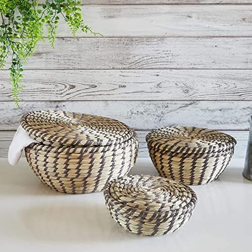 Cestas decorativas de armazenamento de ervas marinhas para organizar cestas redondas de tecido em 3 tamanhos com tampas