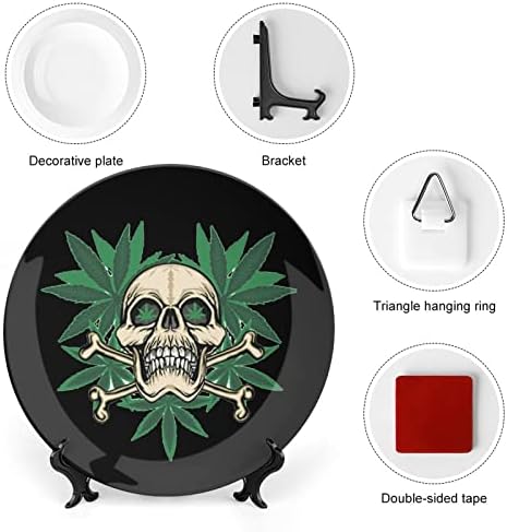 Skull Cannabis Weed Decorative Plate Redonda Placa de Cerâmica Redonda Plina de China com Display Stand for Party Wedding