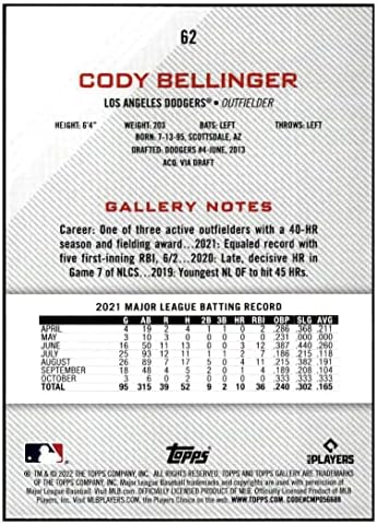 Cody Bellinger 2022 Topps Galeria 62 nm+ -mt+ mlb beisebol dodgers