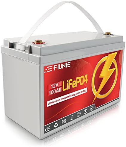 Fiunie 12V 100Ah Lithium Battery LIFEPO4 1280W, 100A BMS, Lifespan de 10 anos, até 8000 ciclos profundos de fosfato de lítio