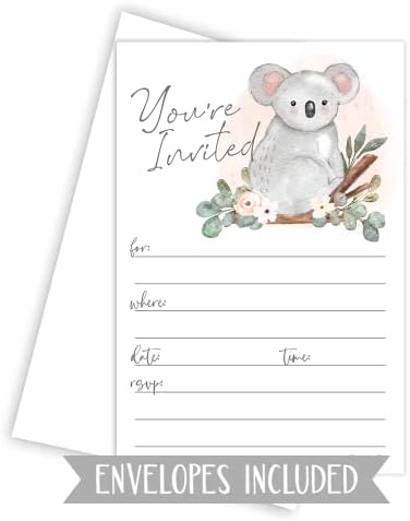 Convites de Koala com envelopes - chá de bebê fofo do coala ou convites de aniversário