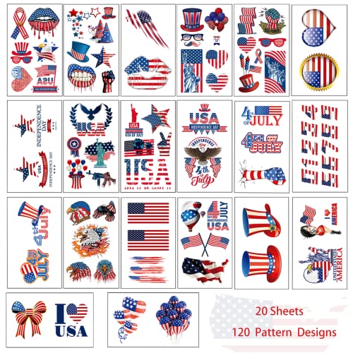 AOYOO Quarto de julho Tatuagens, 20 folhas de tatuagens temporárias de bandeira americana, EUA Tattoos, Red White Blue