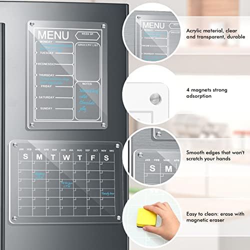 Outus 2 pcs placa de calendário acrílico magnético para refrigerador de cozinha refrigerador semanal Menção de apagamento seco da
