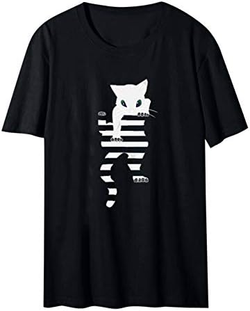 Cinzas fofas de estampa de gato para mulheres Summer Summer Manga curta pescoço tamts Tops Casual Blouses soltas camiseta de férias