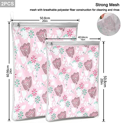 2pcs Mesh Sacos de lavanderia rosa Bolsa de lavagem de lavanderia floral rosa com bolsas de malha de zíper em loop suspenso para meias