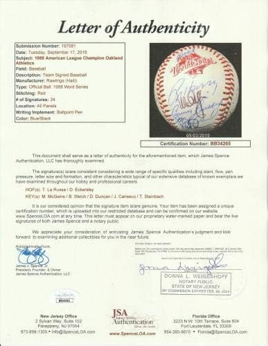 1988 OAKLAND ATLETICS A AL CHAMPS EQUIPE ASSISTENDO A WORLD SERVIDADE BASEBOL JSA COA - BONDAS Autografada