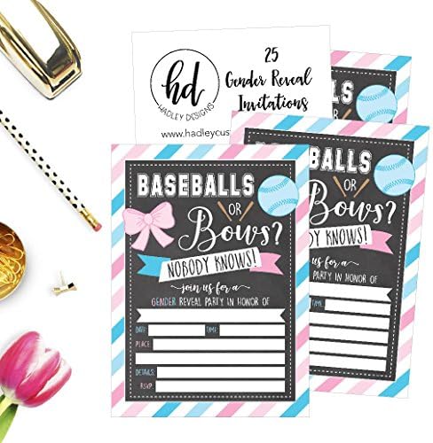 25 bolas de beisebol ou arcos de gênero revelam cartões de convite de festa de chá de bebê, azul rosa personalizado para o gênero neutro unissex convida adivinhar se é uma menina picada preenche o pacote de convidado imprimível em branco