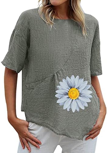 Tampos de linho de algodão de verão para mulheres camisetas de bolso de manga curta Camisas de moda de cor sólida