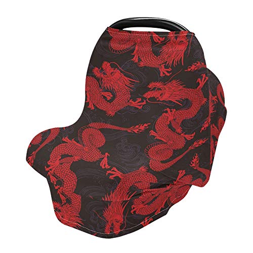 Yyzzh Red Chinese Dragon Ocean Wave Padrão na capa de assento de bebê elástico preto Tampas de enfermagem do dossel infantil