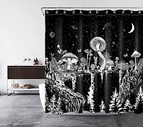 Cortina de chuveiro de cogumelo preto e branco HVEST Para banheiro, cortina de chuveiro de planta botânica Boho Moon Butterfly