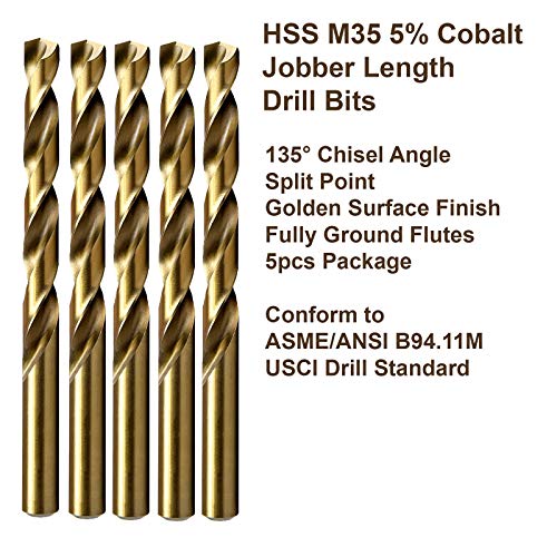 Maxtool 15/64 5pcs Identical Jobber Comprimento de comprimento HSS M35 Twist Drill Bits 5% Cobalt Ferrills de haste