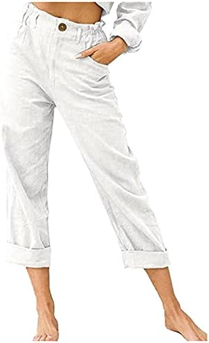Calças de linho de algodão feminino, verão, crazão casual perna larga pálzzo yoga capris calça frontal plana com bolsos