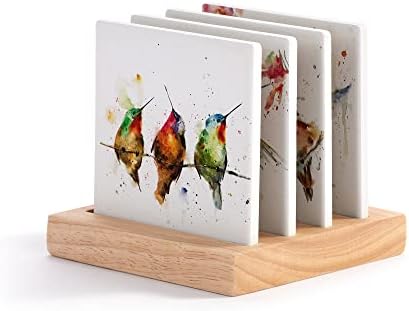 Demdaco Aquarela -Hummingbird de 4,5 polegadas montanhas -russas de cerâmica com conjunto de suporte de 4