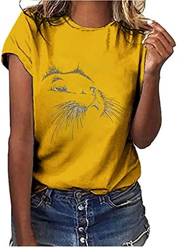 Tops de verão femininos, feminino de moda casual camisetas estampadas de gato fofo tops de manga curta v pescoço solto shirt shirt