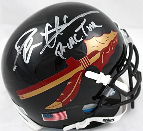 Deion Sanders assinou a Florida State Black Schutt Mini Capacete com Holo Primetime -Baw - Mini capacetes de faculdade autografados