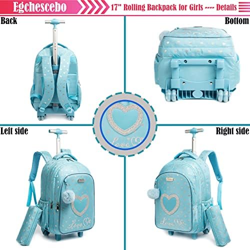 Egchescebo Kids Love Heart Rolling Mackpack para Meninas Mochilas Backpacks Com Roleiro Mochila de Roller Mochila sobre
